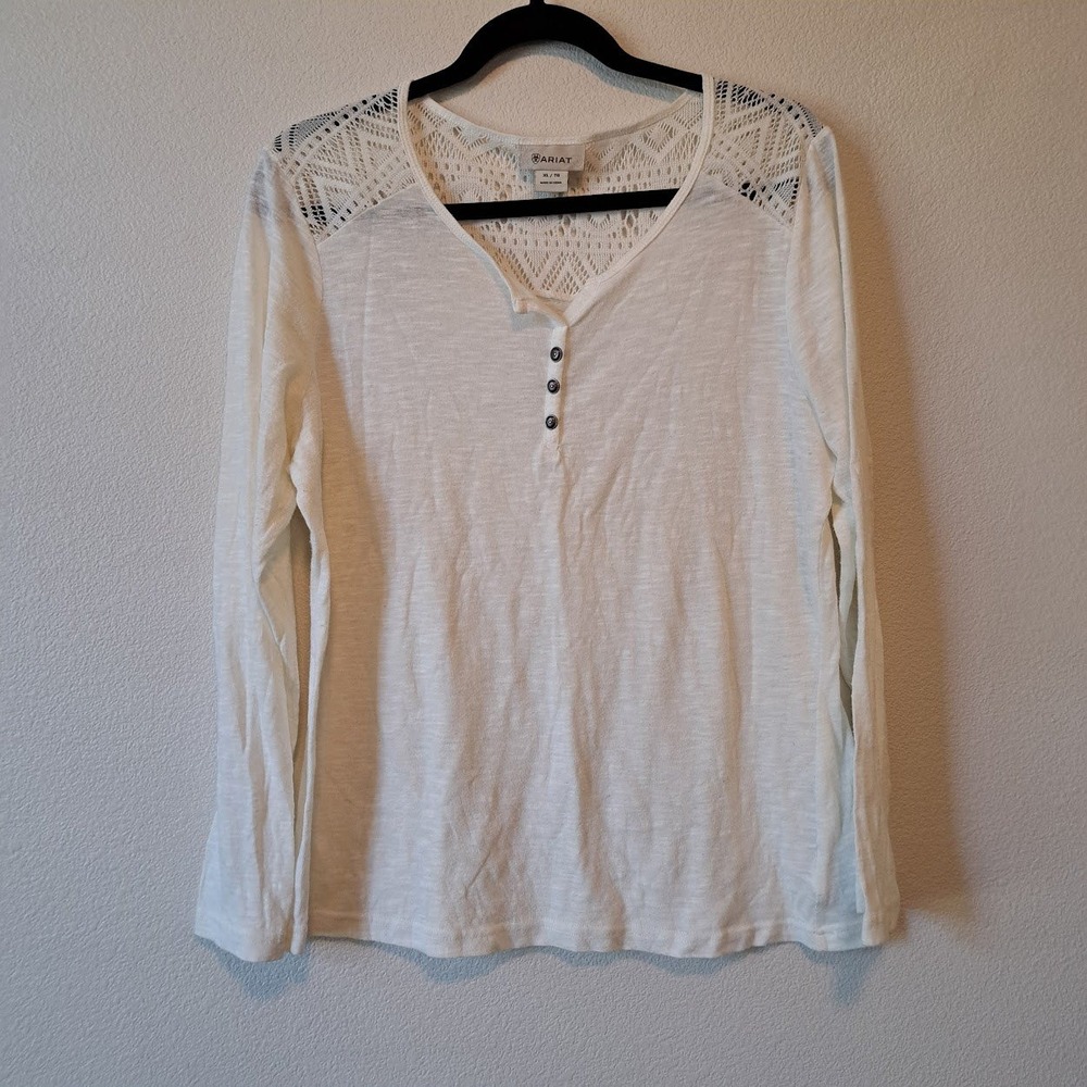 Ariat Womens White Crochet Lace Yoke Long Sleeve Henley Top XL Slub Knit Western